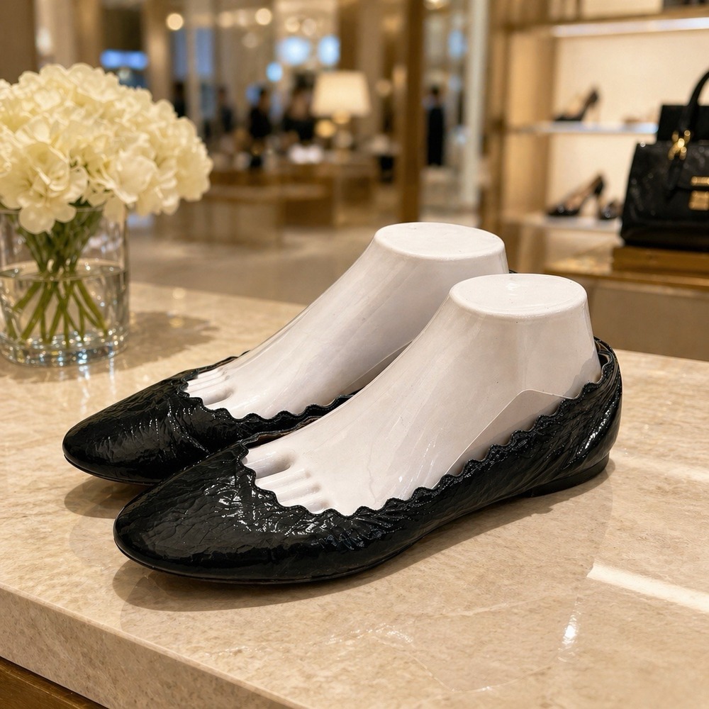 Chloé Lauren Scalloped Ballet Flats Deep Teal Patent Leather EU 40 US 9.5